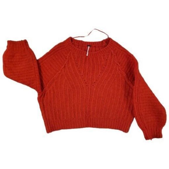 Free People Sweater Womens Small Red Carter Knit Pullover Sweatshirt Cropped - Picture 1 of 7